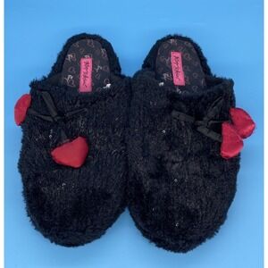 Betsey Johnson Black Sequins Heart Slippers Size L 9/10‎ Whimsical